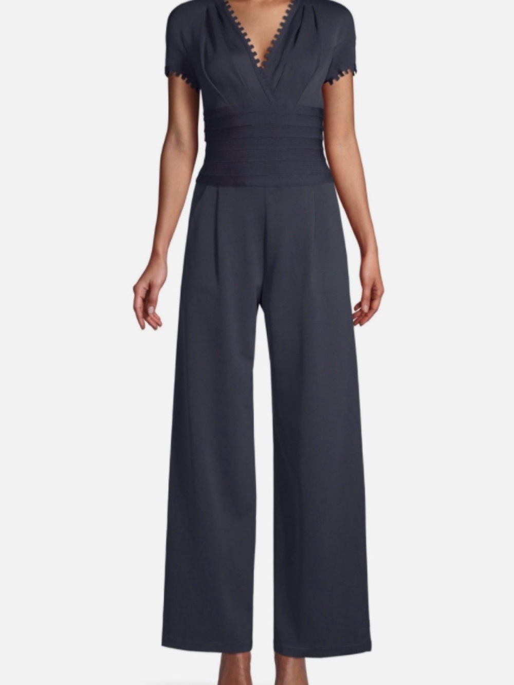 Herve Leger Navy Wide-Leg Jumpsuit with Scallop Trim
